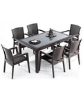 Rattan Effect Garden Furniture Set – Glass Top Dining Table 6 Stackable Chairs